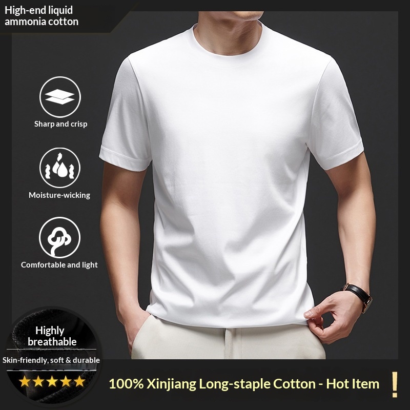 2025 Summer Pure Cotton High-Tech Triple-Proof T-Shirt New Versatile Casual Solid Color Round Neck Short Sleeve Men's_voghion.com