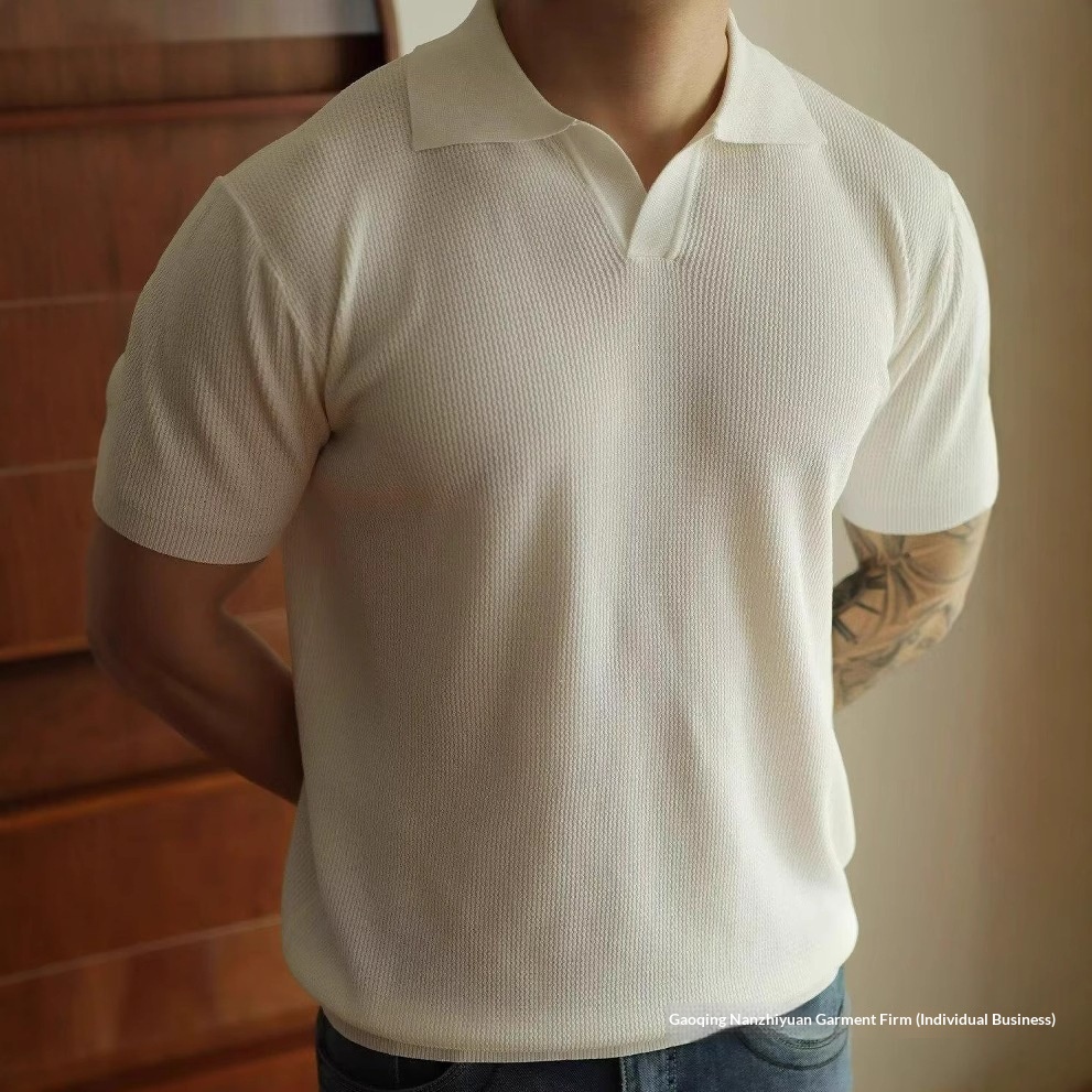 Summer American Retro Solid Color Knitted Polo Shirt For Men, Versatile Loose-fitting Pullover Short-sleeve T-shirt With_voghion.com