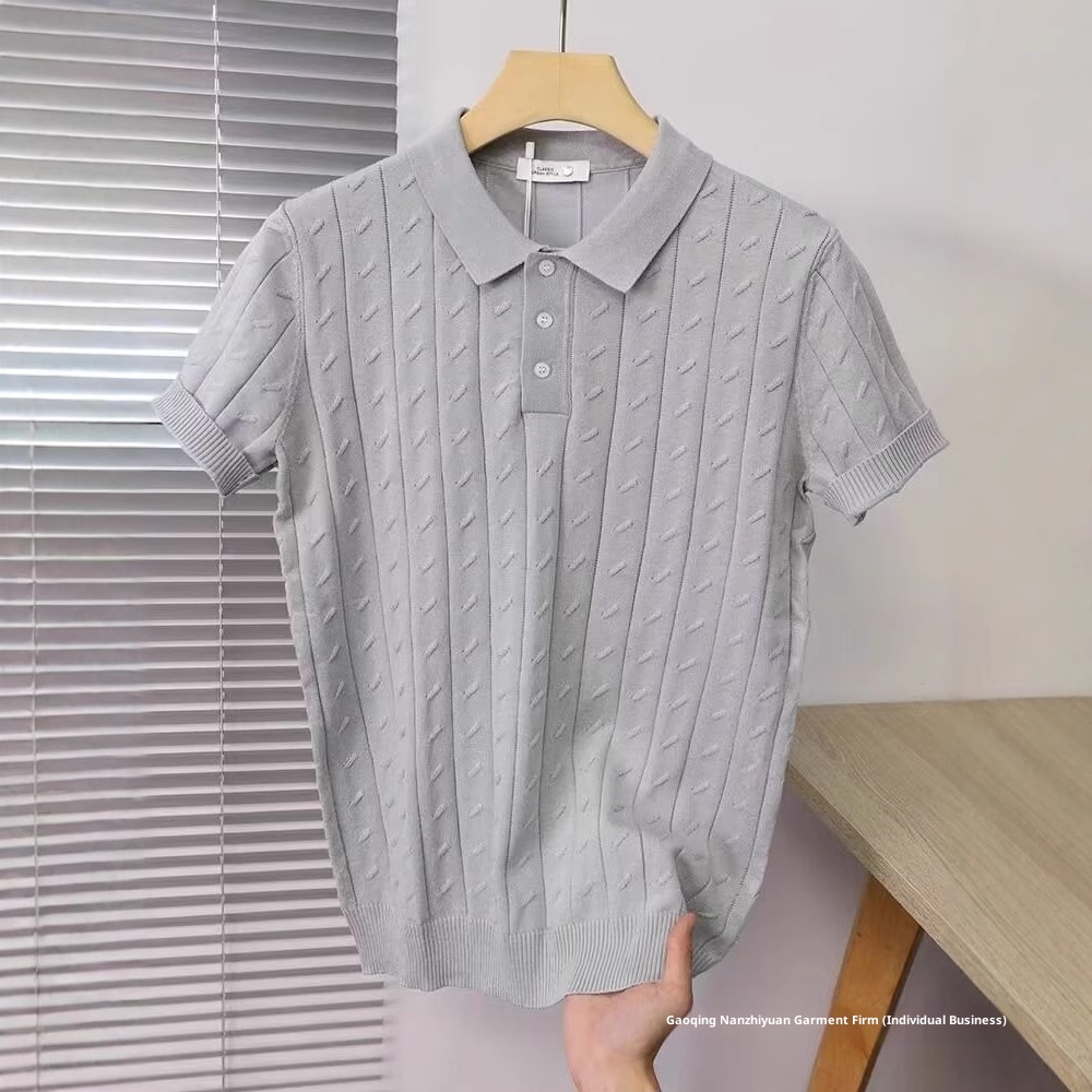 Men's Light Luxury Jacquard Knitted Short-sleeve Polo Shirt, New Summer Style, Solid Color Ice Silk Turn-down Collar_voghion.com