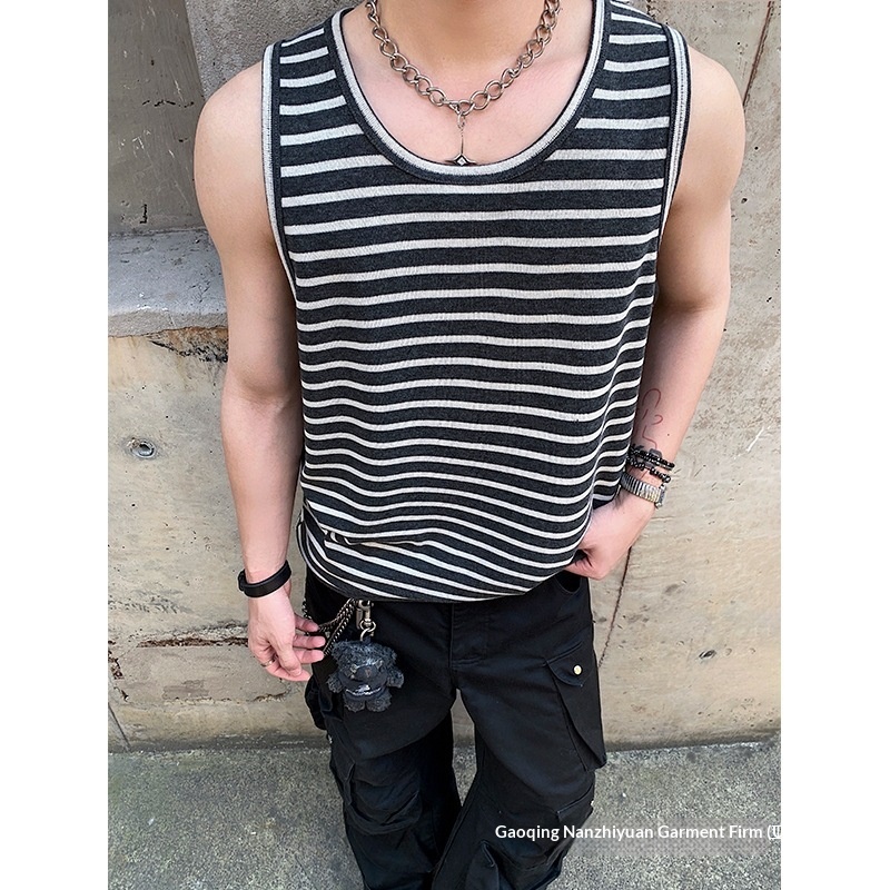 Striped Vest For Men, Summer Trendy American Retro Style, Cool And Breathable, Loose Casual Sports Sleeveless T-shirt_voghion.com