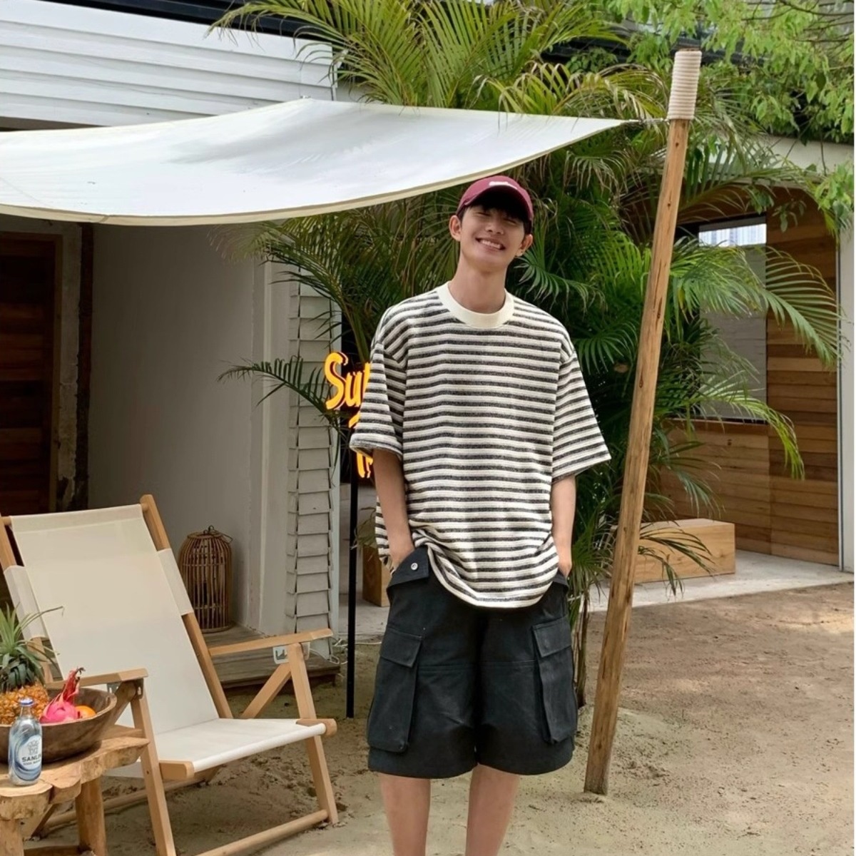 Striped Men's T-shirt Cotton Round Neck Summer Trendy Short Sleeve_voghion.com