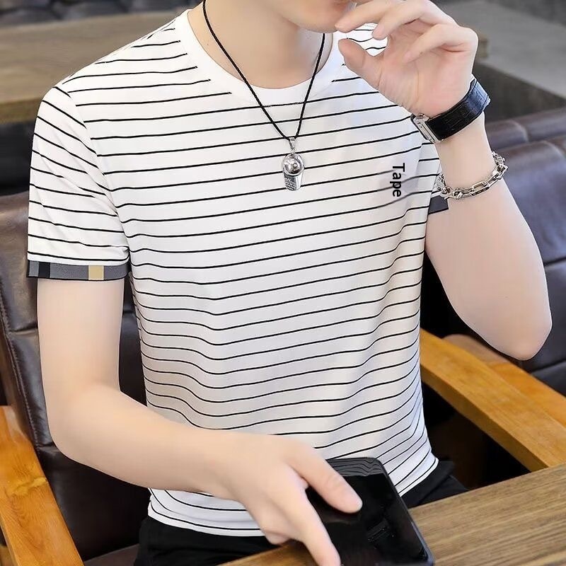 Herr t-shirt randig rundhals sommar casual stil topp_voghion.com