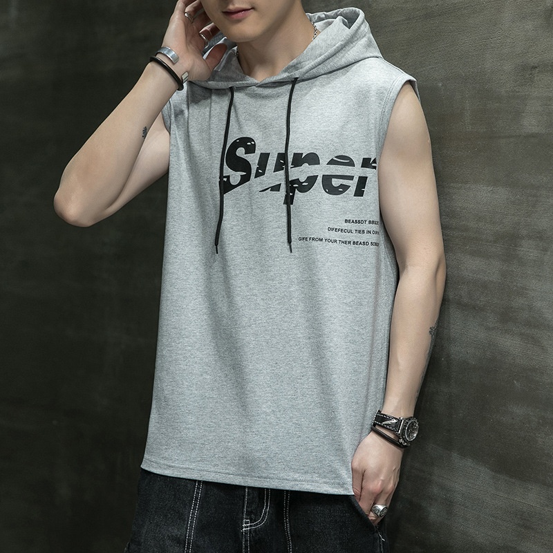 Canotta con cappuccio da uomo stile coreano in cotone stampato_voghion.com