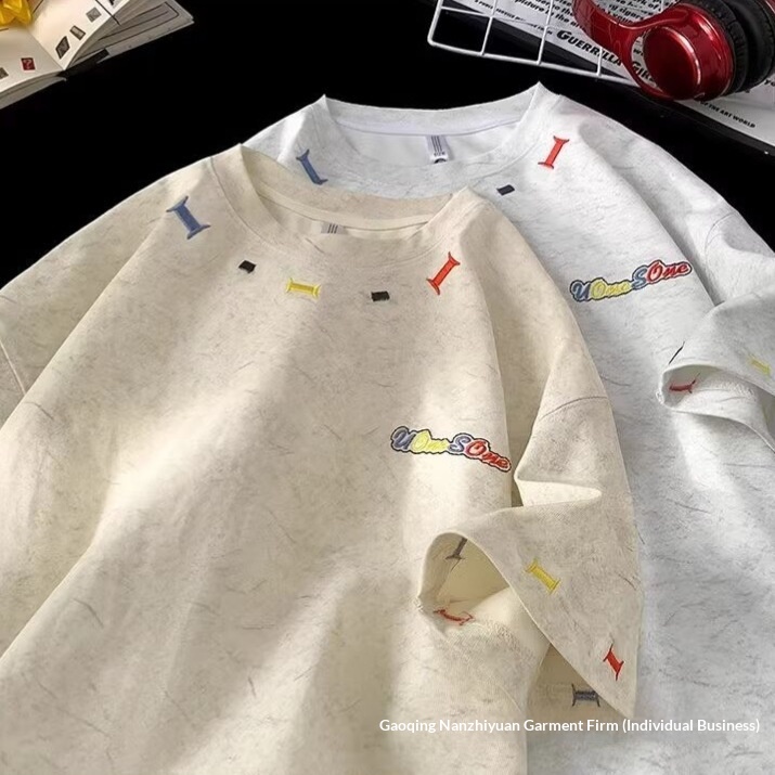 Heavyweight Embroidered T-Shirt Short Men's Summer Ice Silk Cool American Retro Trendy Loose Fit Half Sleeve Tee Top_voghion.com