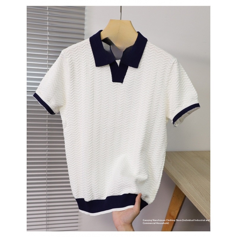 Wavy Texture Lapel Short-sleeve T-shirt For Men, Summer Slim-fit Versatile Casual Base Knit Polo Shirt_voghion.com