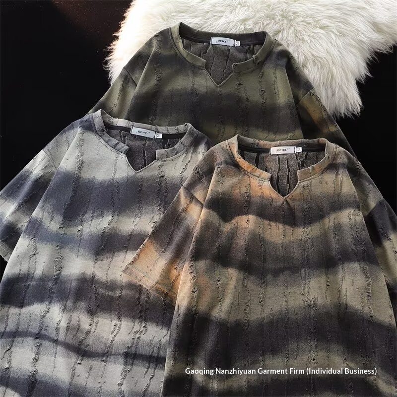Summer 2025 New Style Distressed Tie-Dye Striped V-Neck Short T-Shirt For Men, American High Street Retro Trendy Brand,_voghion.com