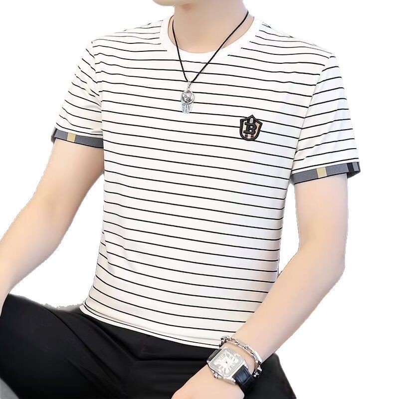 Herr t-shirt randig rundhals sommar casual stil topp_voghion.com