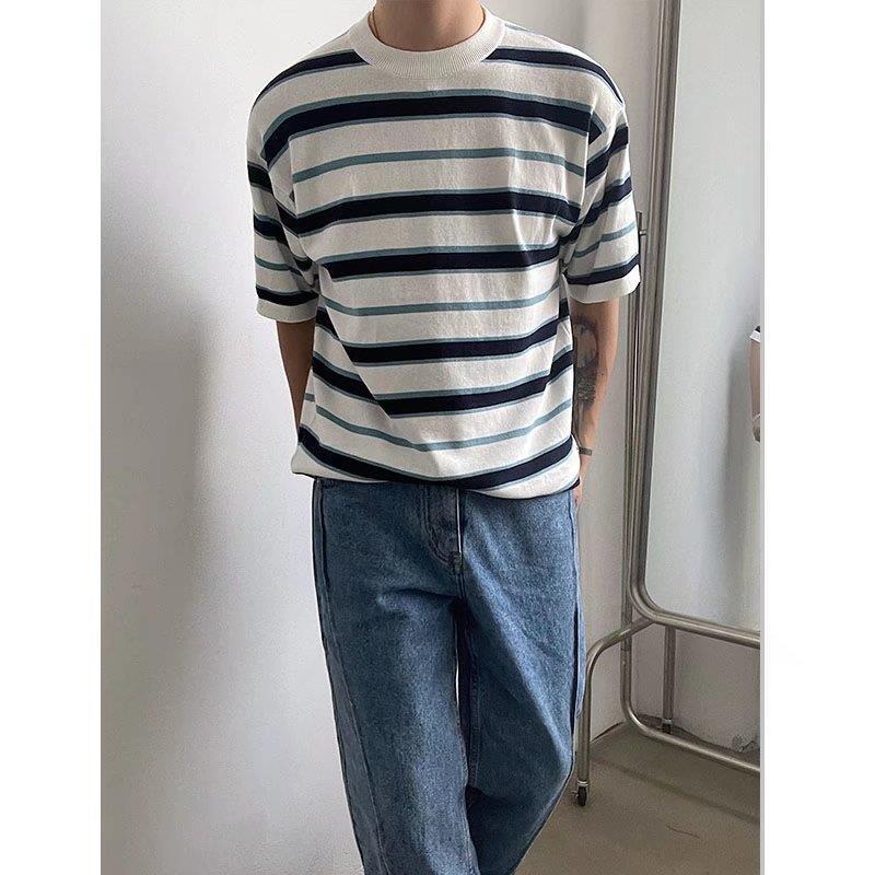 T-shirt uomo rétro stile giapponese a righe girocollo casual_voghion.com