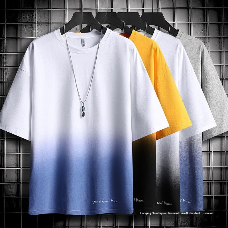 Summer Short For Men, Ins Gradient Half Sleeve, Stylish Loose Hong Kong Style Top, Five-Quarter Sleeve Trendy T-Shirt_voghion.com