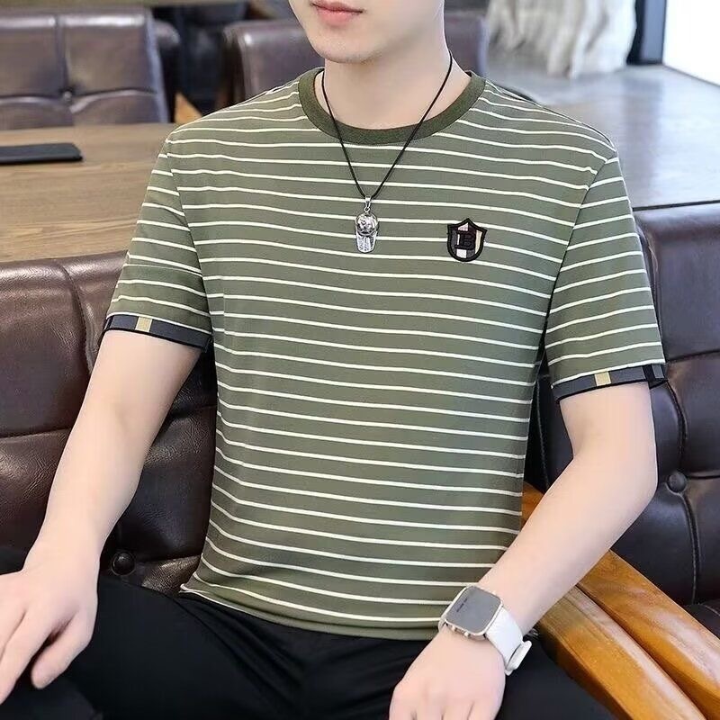 Herr t-shirt randig rundhals sommar casual stil topp_voghion.com