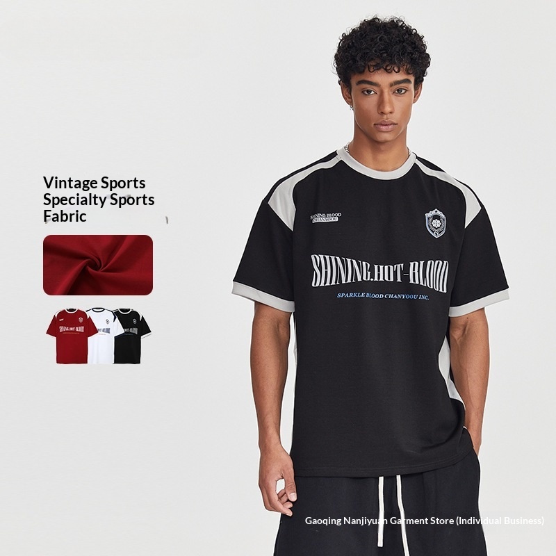 Men's Clothing | American Retro Raglan Patchwork Sports Short-sleeve T-shirt, Summer Trendy Brand, Heavy-duty Pure_voghion.com