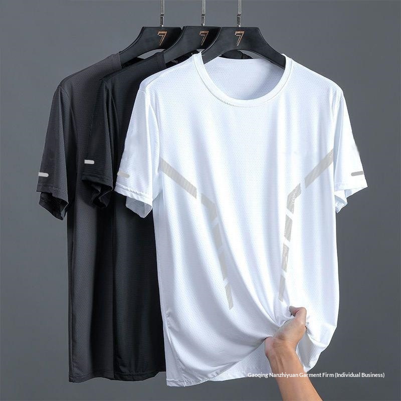 Sommerliches Herren-T-Shirt aus Eisseiden-Mesh mit kurzen Ärmeln, Rundhalsausschnitt, dünn, locker, atmungsaktiv, halblang, auch in Übergrößen erhältlich, schlicht_voghion.com