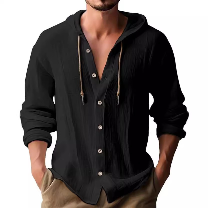 T-shirt con cappuccio da uomo in cotone e lino, tinta unita, casual, a maniche lunghe, primavera-estate, modello Cross-Border 2025_voghion.com