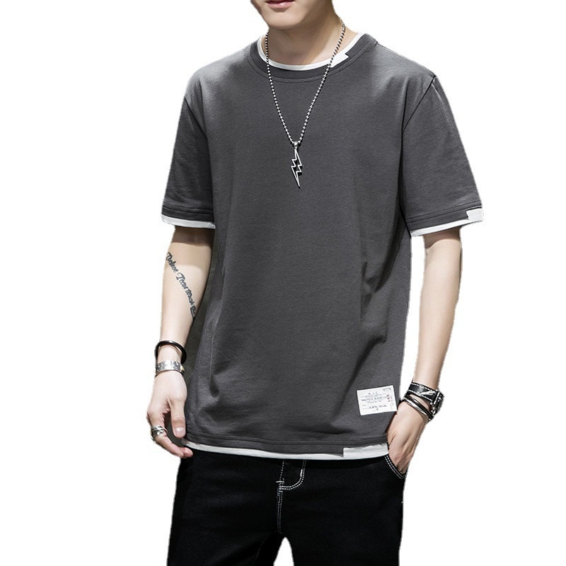 Men's T-shirt Round Neck Solid Colour Trendy Summer Casual Top_voghion.com