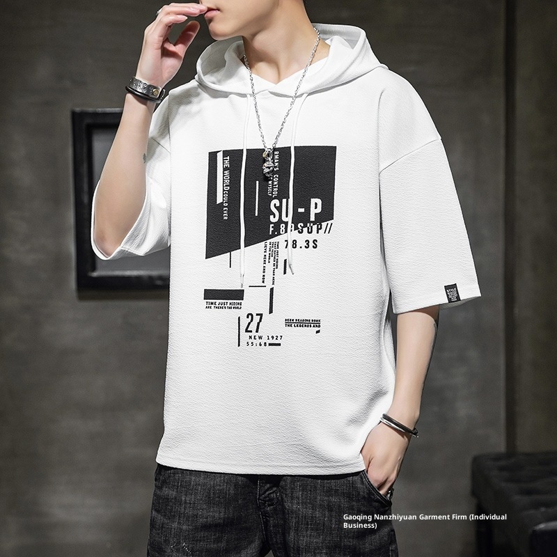 Sommer 2025 – Neues T-Shirt für Herren, Trendmarke für Teenager, lässiges Kurzarm-T-Shirt mit Kapuze und Knittereffekt, Cross-Border_voghion.com