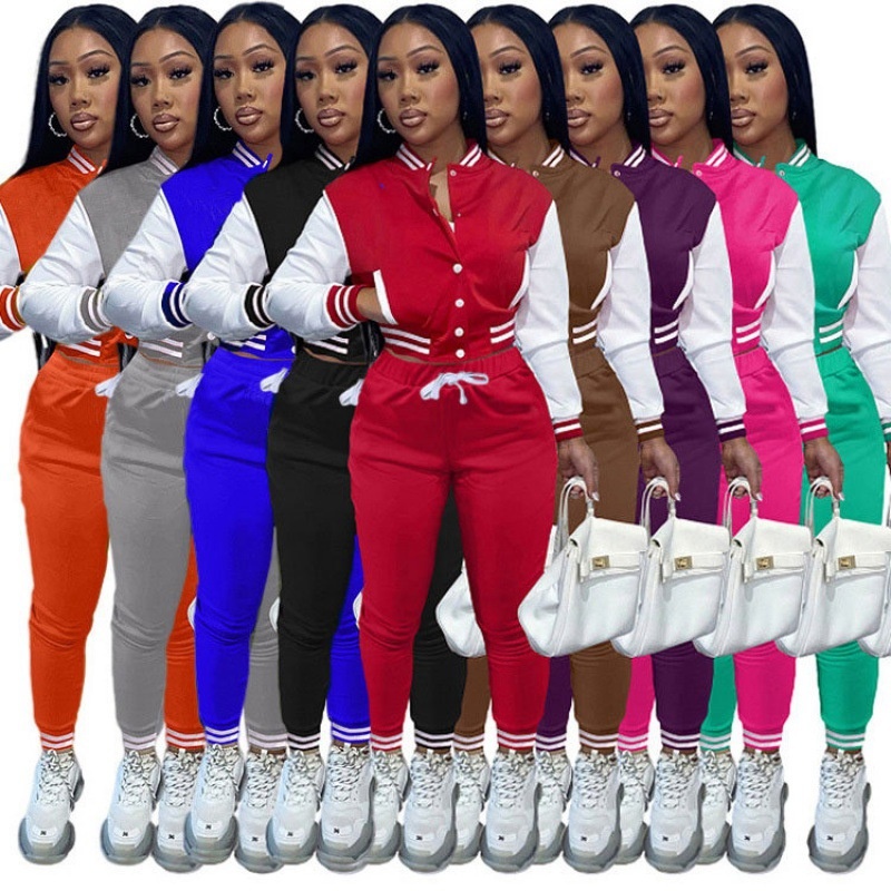 Women's Active Set Baseball Jacket And Trouser Patchwork Style_voghion.com