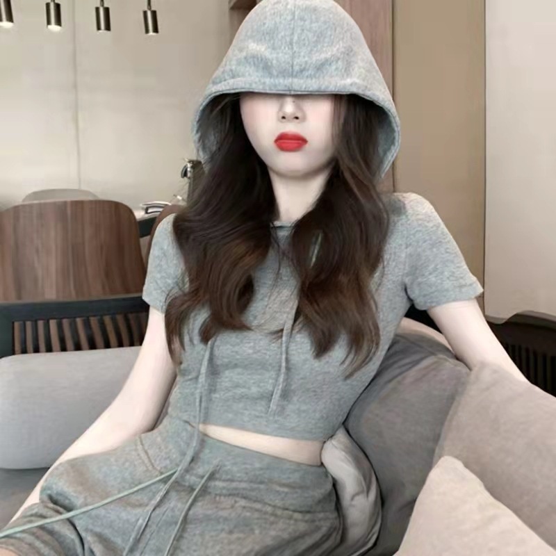 Modische High-Waist-Shorts Sommer 2023, lässiges Kapuzen-Sweatshirt mit kurzen Ärmeln, Sportbekleidung, zweiteiliges Set für_voghion.com