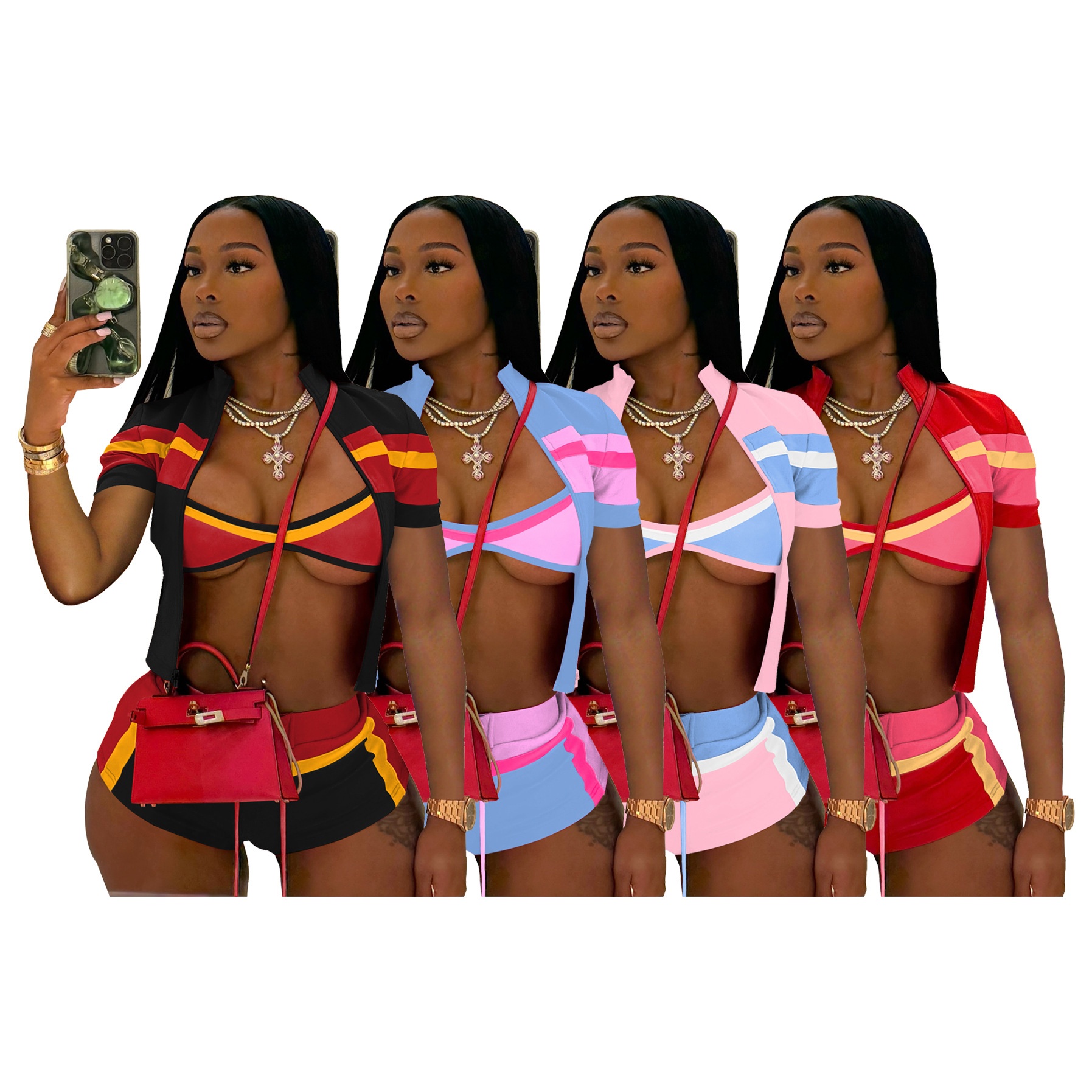 Women's Active Set Colour-blocking Three-piece Nightclub Style_voghion.com