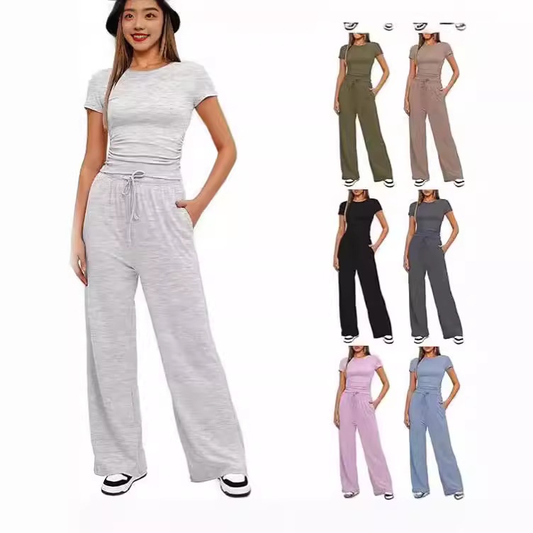 2024 New Women's Two-Piece Summer Set: Short-Sleeve Pleated Top And Casual Sweatpants Outfit_voghion.com