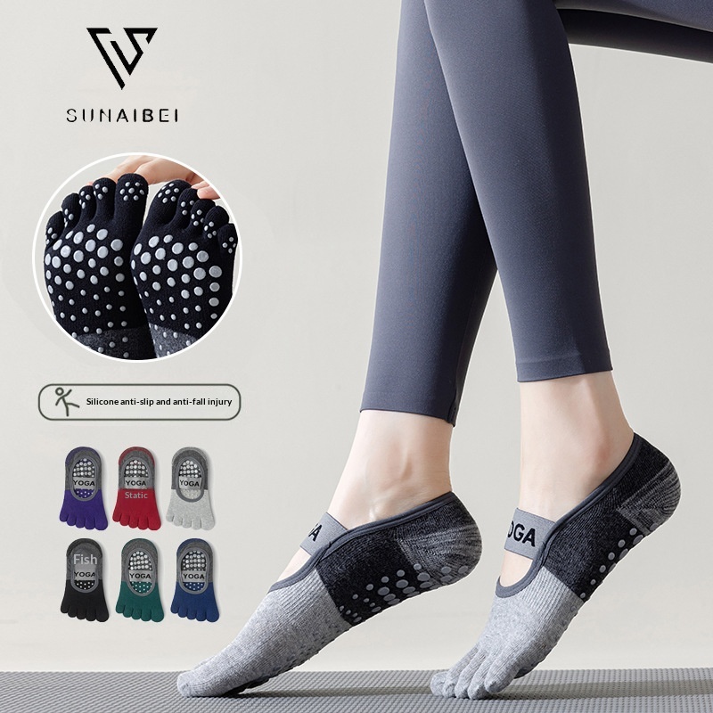 Dot Glue Pilates Yoga Color Block Style Lace-Up Combed Cotton Professional Non-Slip Women's Five-Toe Split Toe Short_voghion.com