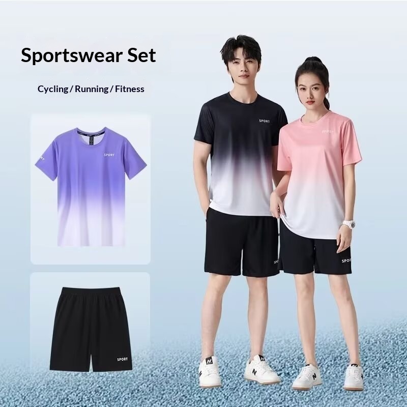 Gradient Suit Women's Summer Fitness Short Sleeve T-Shirt Quick-Dry Clothing Running Loose Casual Sports Plus Size_voghion.com