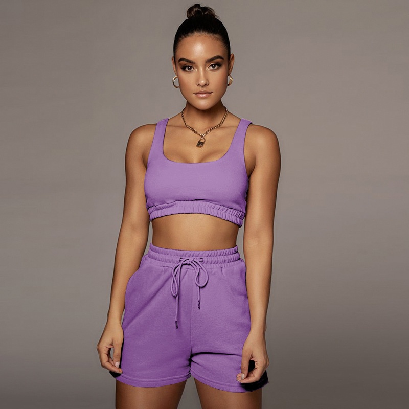 Women's Solid Colour Tank And Shorts Sports Set For Summer_voghion.com