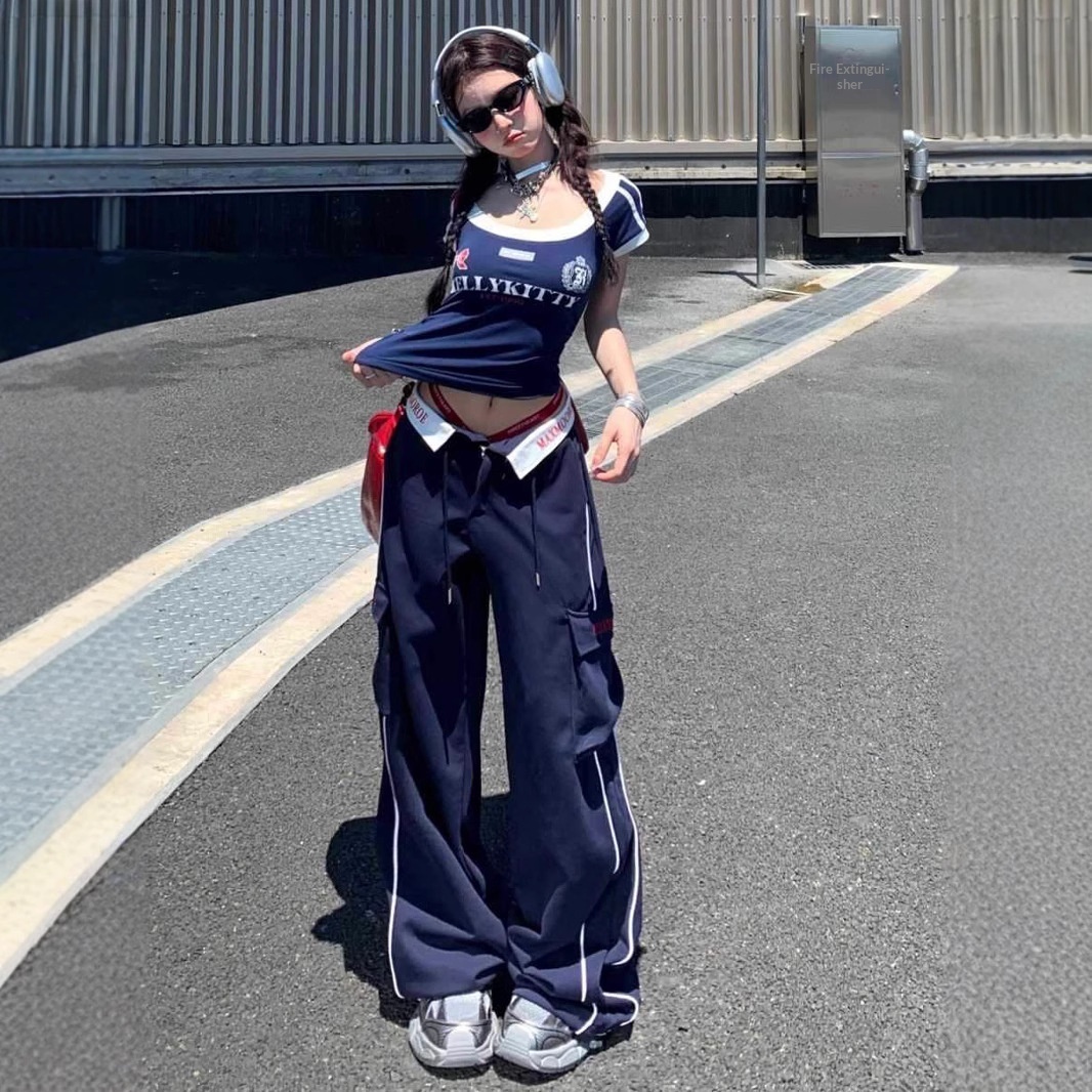 Street Style Sportswear For Women Summer Student Korean Version Loose Fashion High Waist Short Sleeve Cargo Pants Casual_voghion.com