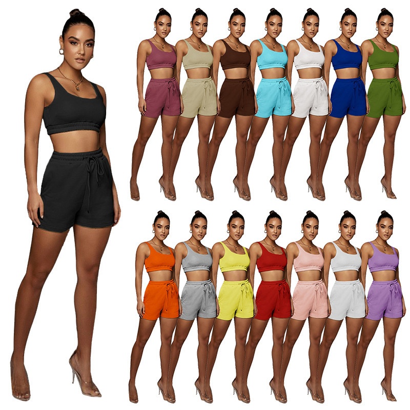 2026 European American Cross-border Summer Women's Clothing Solid Color Double-layer Tank And Shorts Sports Crop_voghion.com
