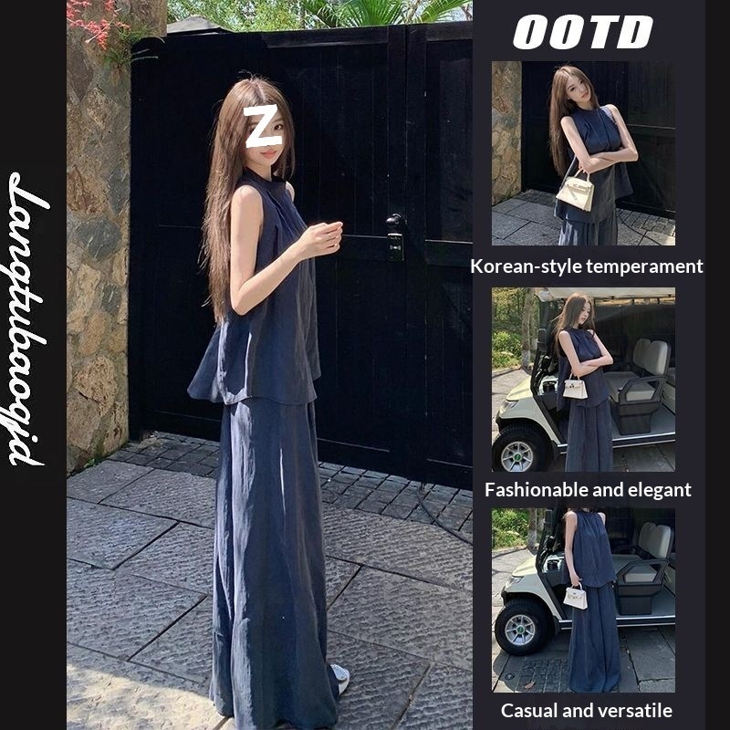 Superpopulaire zomeroutfit van 2025: een complete set bestaande uit een jeugdige, sportieve, casual mouwloze top in Koreaanse stijl en een wijde broek._voghion.com