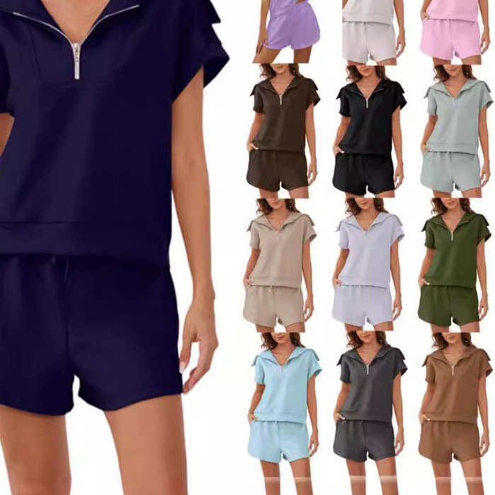 Women's Half Zip Short Sleeve Sweatshirt And Active Shorts Set_voghion.com