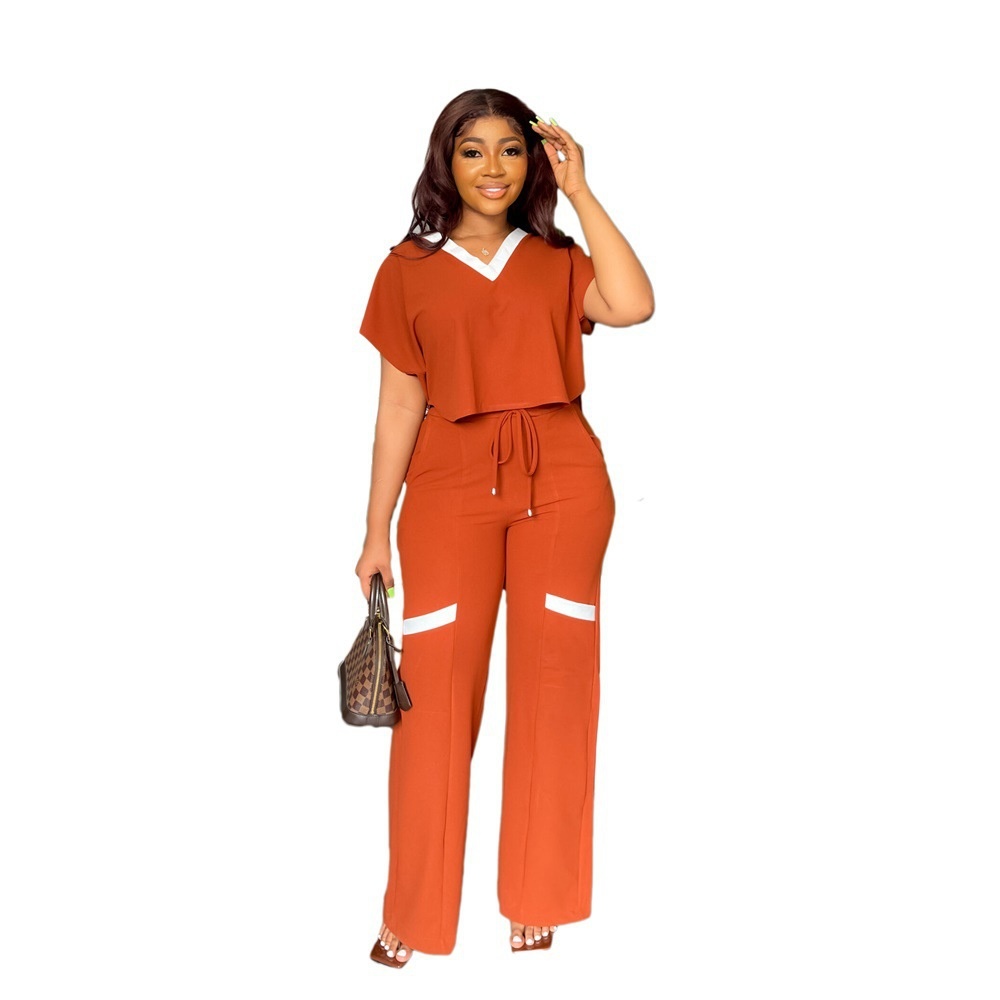 Women's Active Sets Solid Colour T-shirt And Straight Leg Trousers_voghion.com