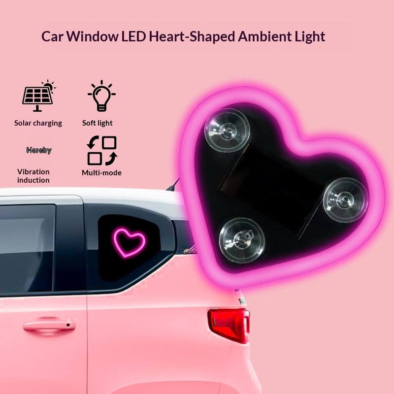 Solar Powered No Wiring LED Heart Light Triangle Window Wireless Neon Glow C-Pillar Atmosphere Car Interior Decoration_voghion.com