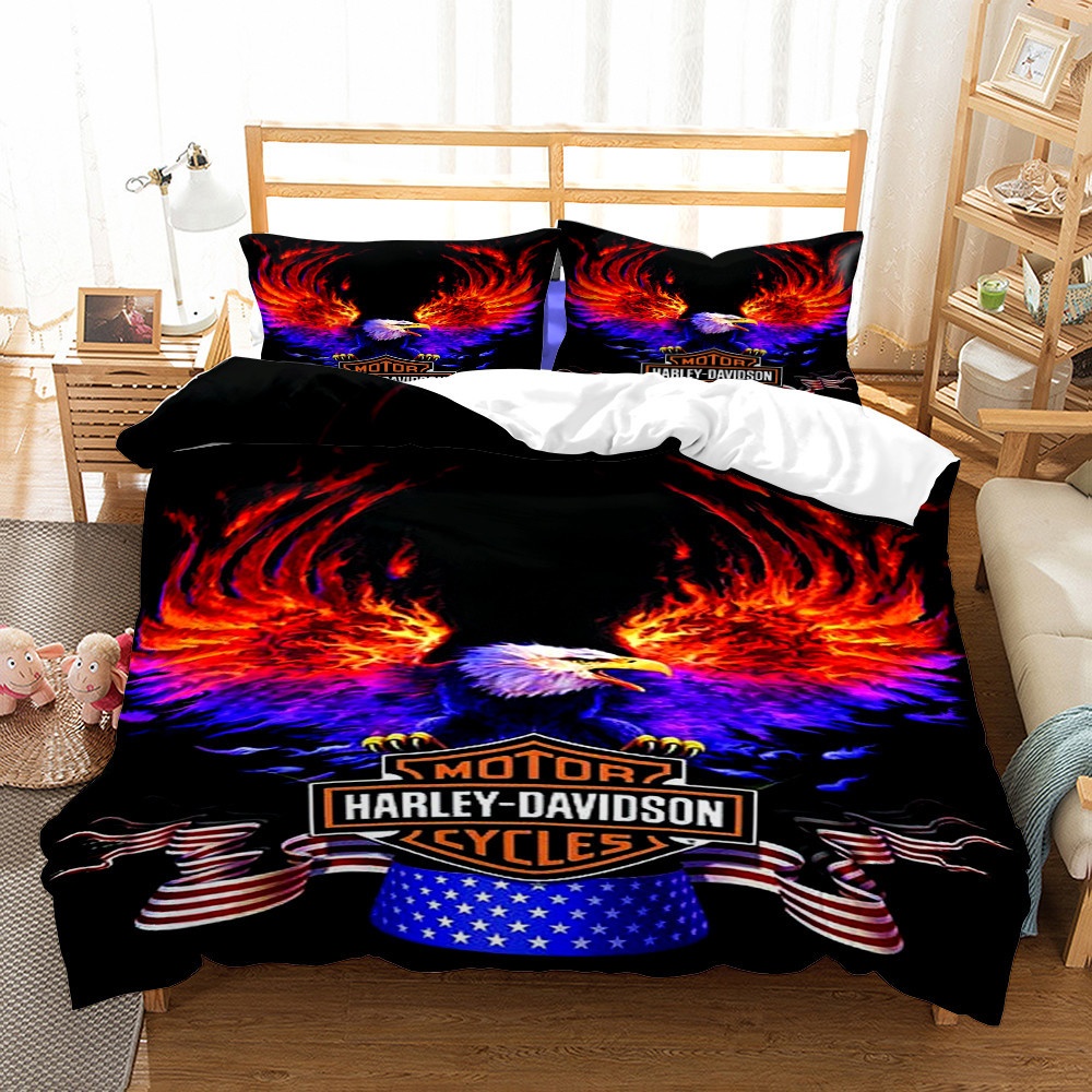 cross-border Kit American Harley Motorcycle Digital Print Three-piece Bedding Set_voghion.com