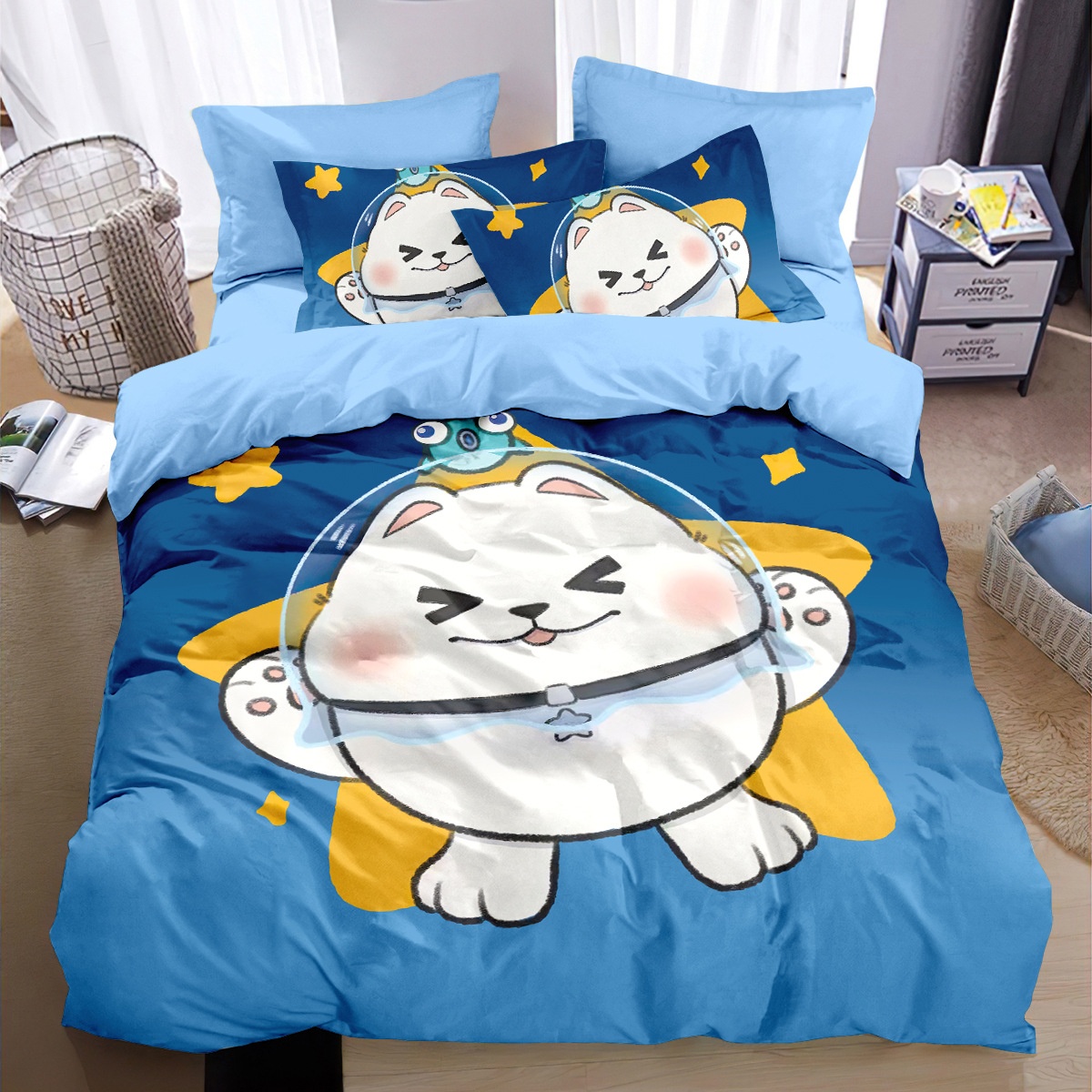 Eggboy Party Pure Cotton Four-piece For Children And Students, Cartoon Cute Bedding, All-cotton Duvet Cover Three-piece_voghion.com