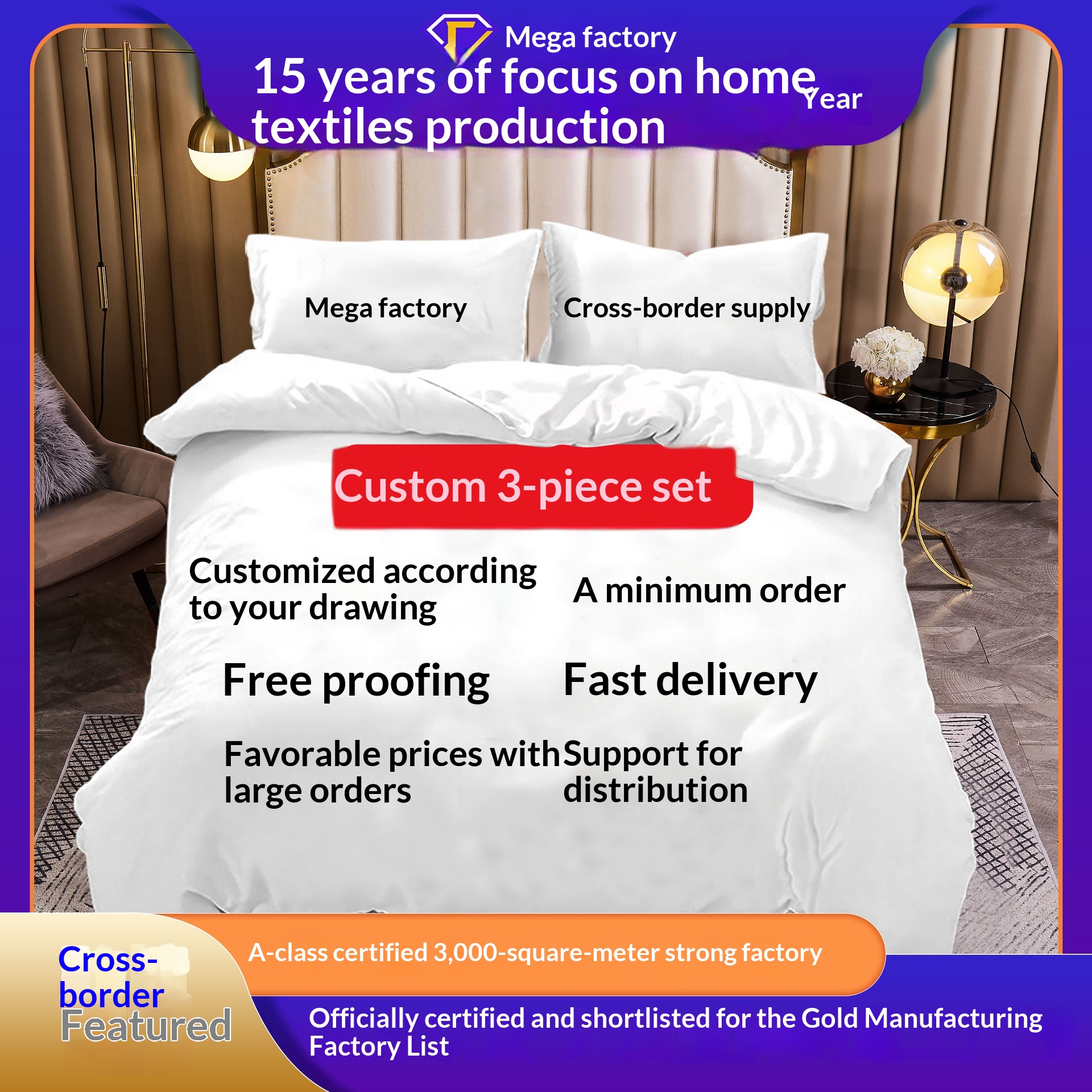 Conjunto de três peças com estampa digital em tecido escovado, composto por capa de edredom, lençol e fronha, com entrega direta._voghion.com