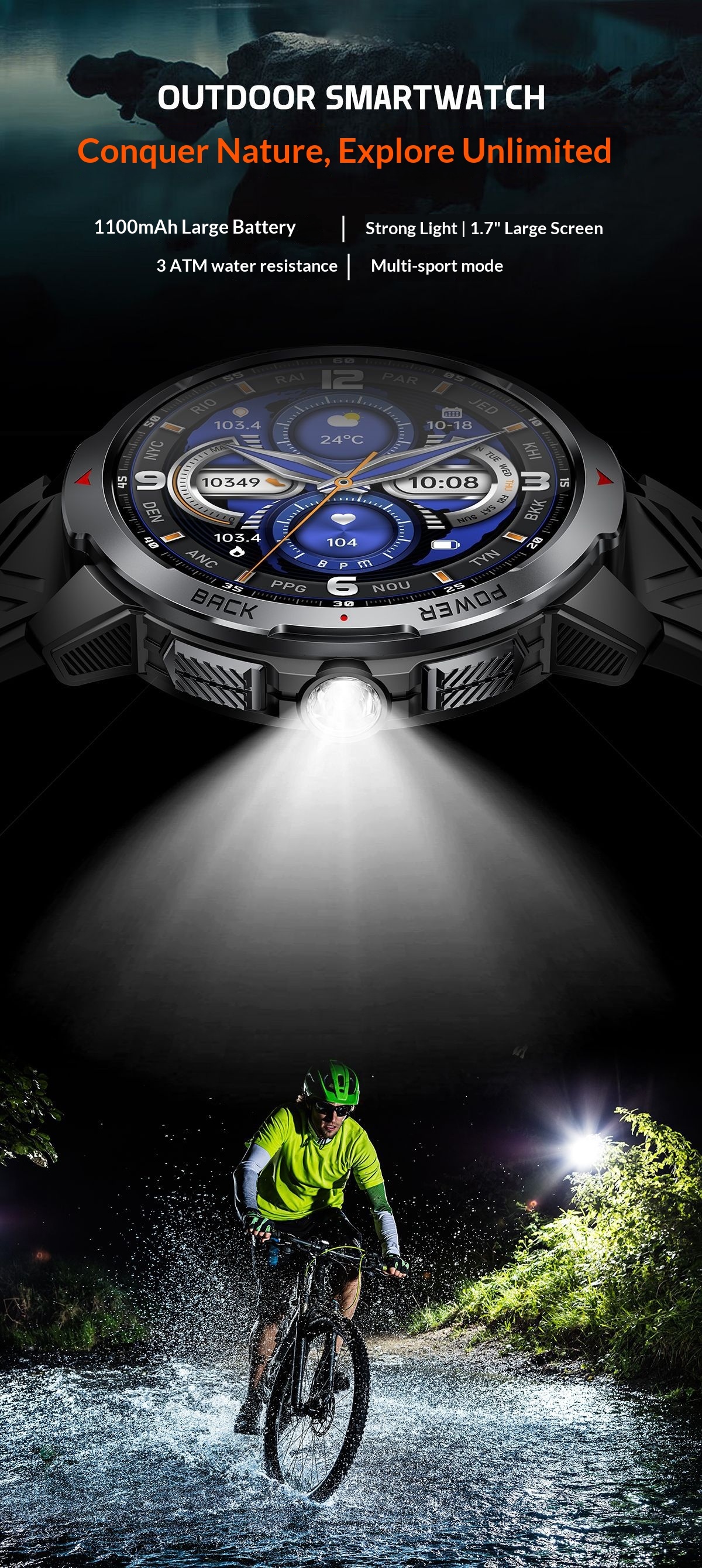 2025 New KT88 Smart Bluetooth Call Flashlight Heart Rate Blood Oxygen Pedometer Multi-Function Outdoor Watch_voghion.com