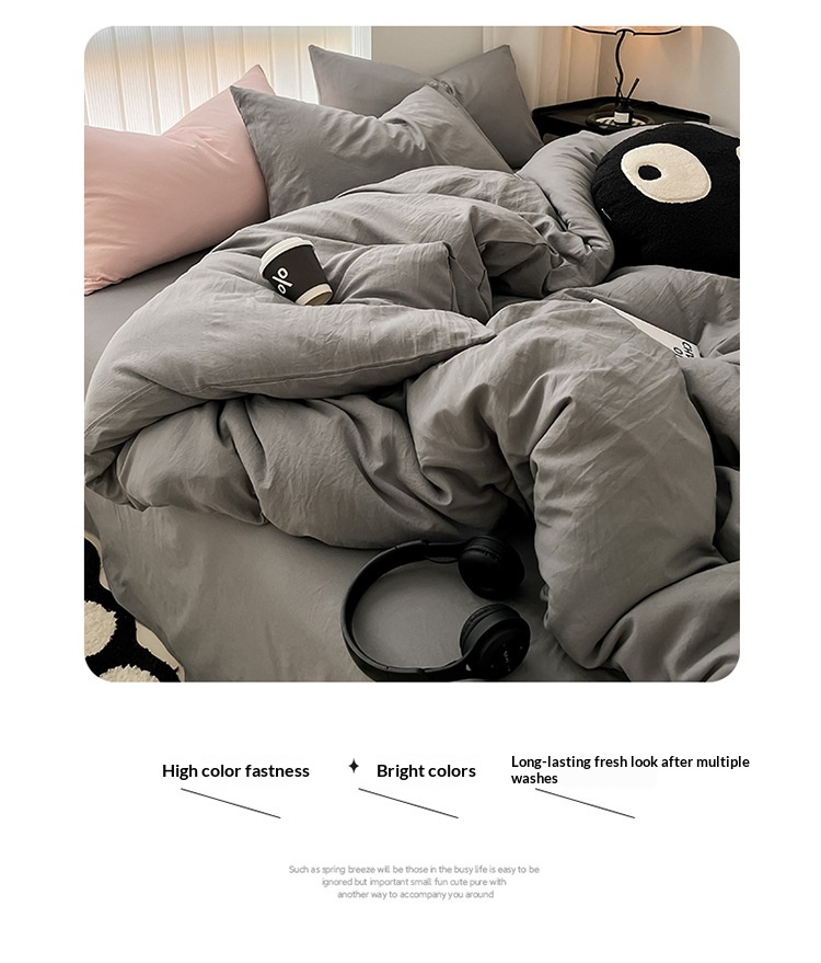 Washed Cotton Duvet Cover Set Simple Solid Colour Bedding_voghion.com