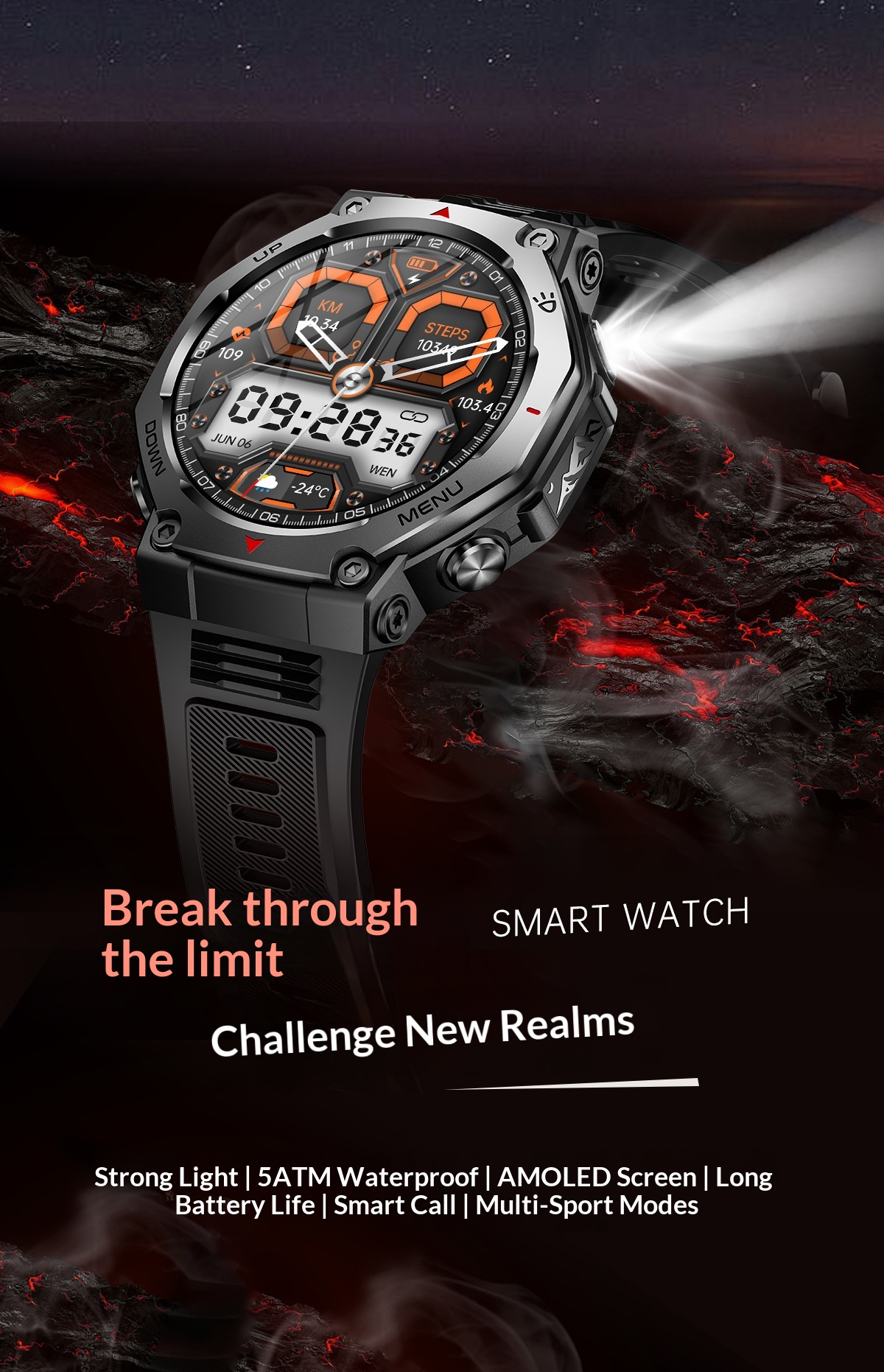 KT85 Smart New 2025 Bluetooth Call Flashlight Heart Rate Blood Oxygen Meter Step Multi-Function Outdoor Watch_voghion.com