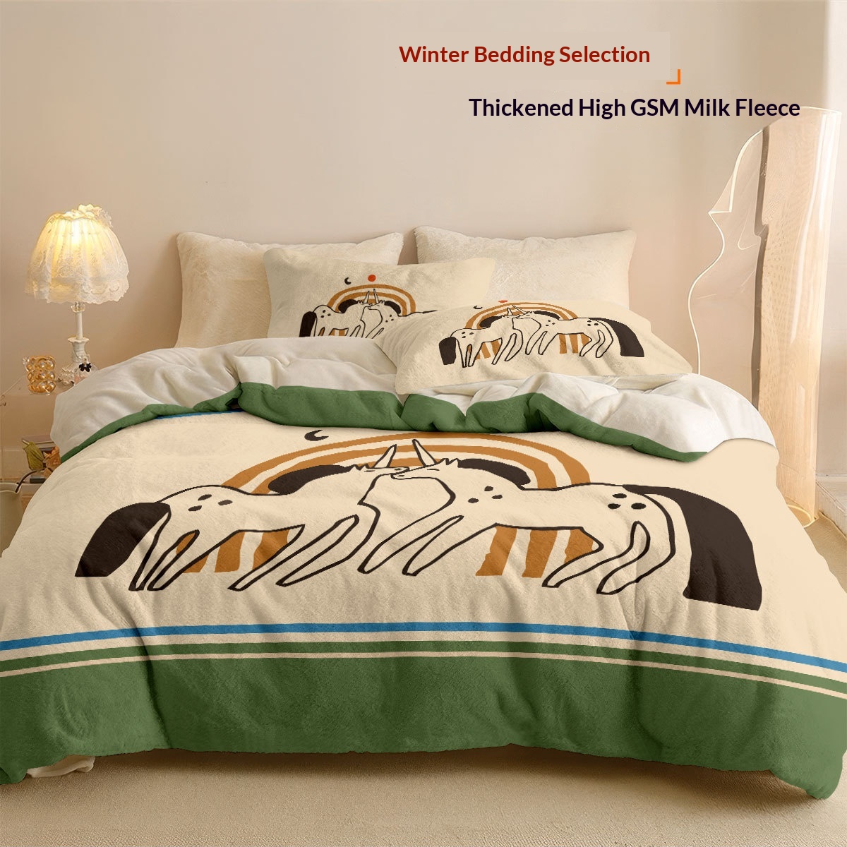 Hoogwaardige, fluwelen dekbedovertrek en hoeslaken met abstract paardendesign, gemaakt van melkfluweel (vierdelig), warm en huidvriendelijk, ideaal voor de winter._voghion.com