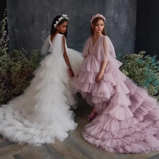 European American Little Girl Evening Dress, Front And Long Back, Tutu Cake Skirt, 2026 Model, Mesh Birthday Party_voghion.com