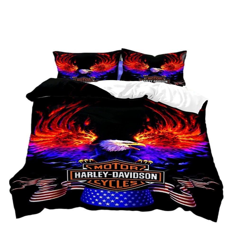 cross-border Kit American Harley Motorcycle Digital Print Three-piece Bedding Set_voghion.com