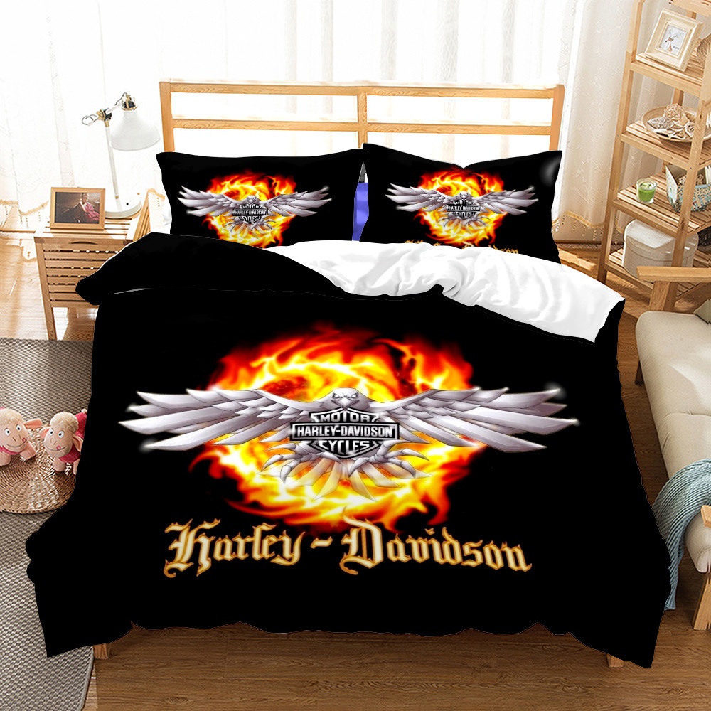 cross-border Kit American Harley Motorcycle Digital Print Three-piece Bedding Set_voghion.com