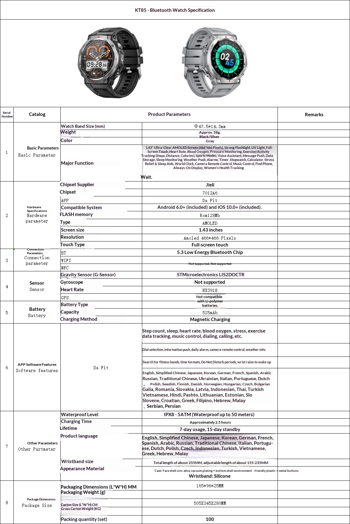 KT85 Smart New 2025 Bluetooth Call Flashlight Heart Rate Blood Oxygen Meter Step Multi-Function Outdoor Watch_voghion.com