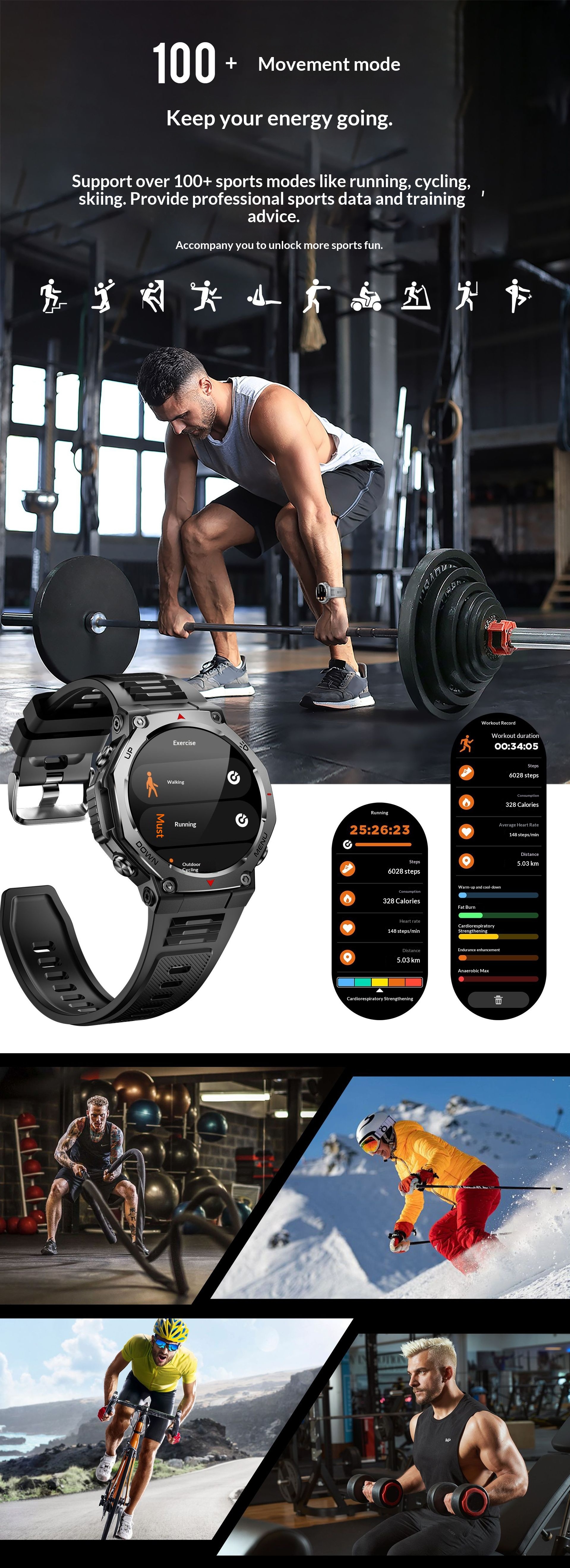 KT85 Smart New 2025 Bluetooth Call Flashlight Heart Rate Blood Oxygen Meter Step Multi-Function Outdoor Watch_voghion.com