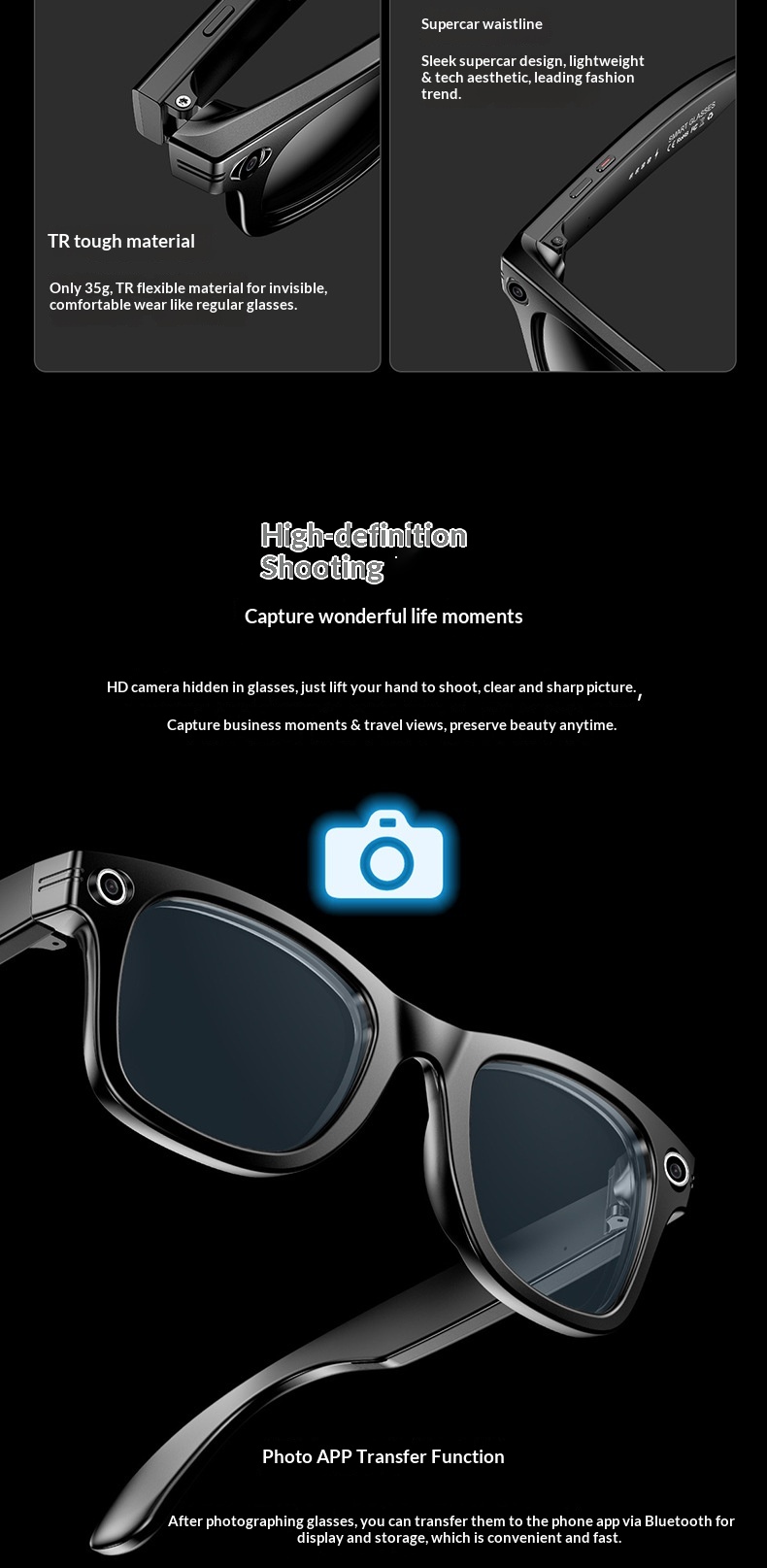 New Cross-border Camera Glasses With AI Intelligent Large Model Object Recognition, Voice Assistant, Bluetooth, Phone_voghion.com