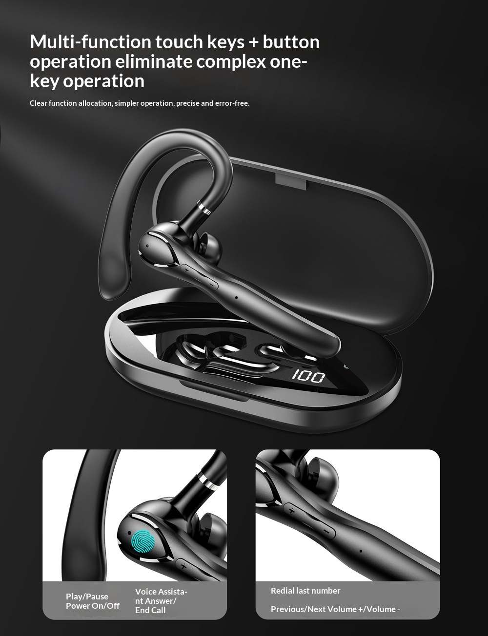 Cross-Border Private Model TWS Bluetooth Ear Hook ENC Dual Mic Noise Cancelling Call Touch Control Digital Display_voghion.com