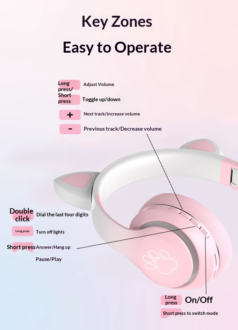 Draadloze bluetooth kattenoren koptelefoon met lichtgevend verloop_voghion.com