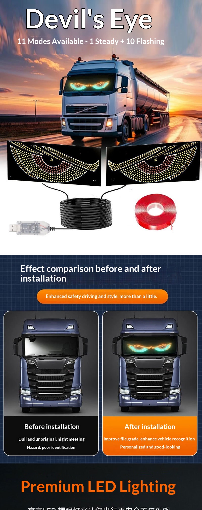Cross-Border USB Dynamic Demon Eye Sticker LED Display Truck Car Front And Rear Windshield Light_voghion.com