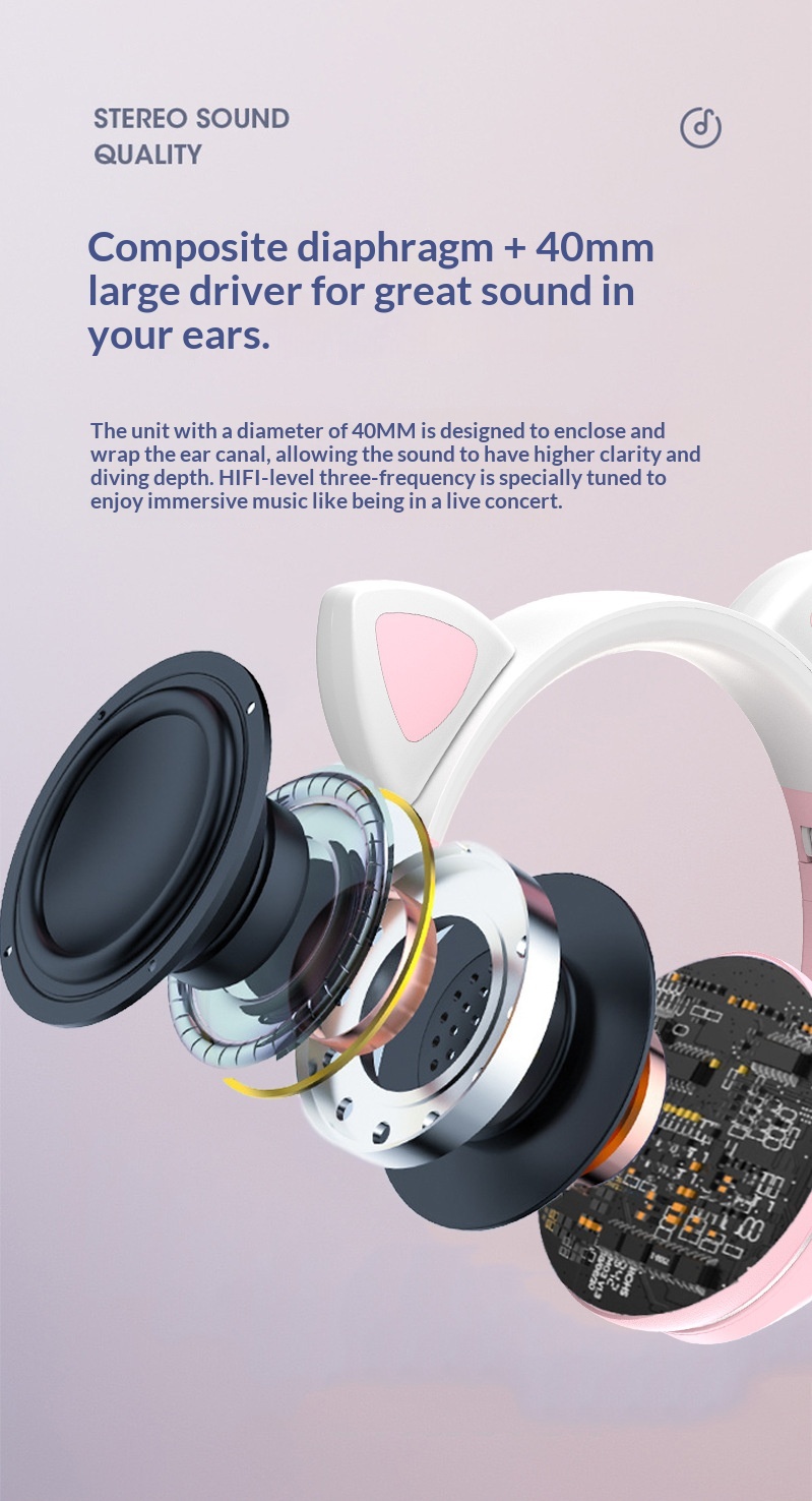 Draadloze bluetooth kattenoren koptelefoon met lichtgevend verloop_voghion.com