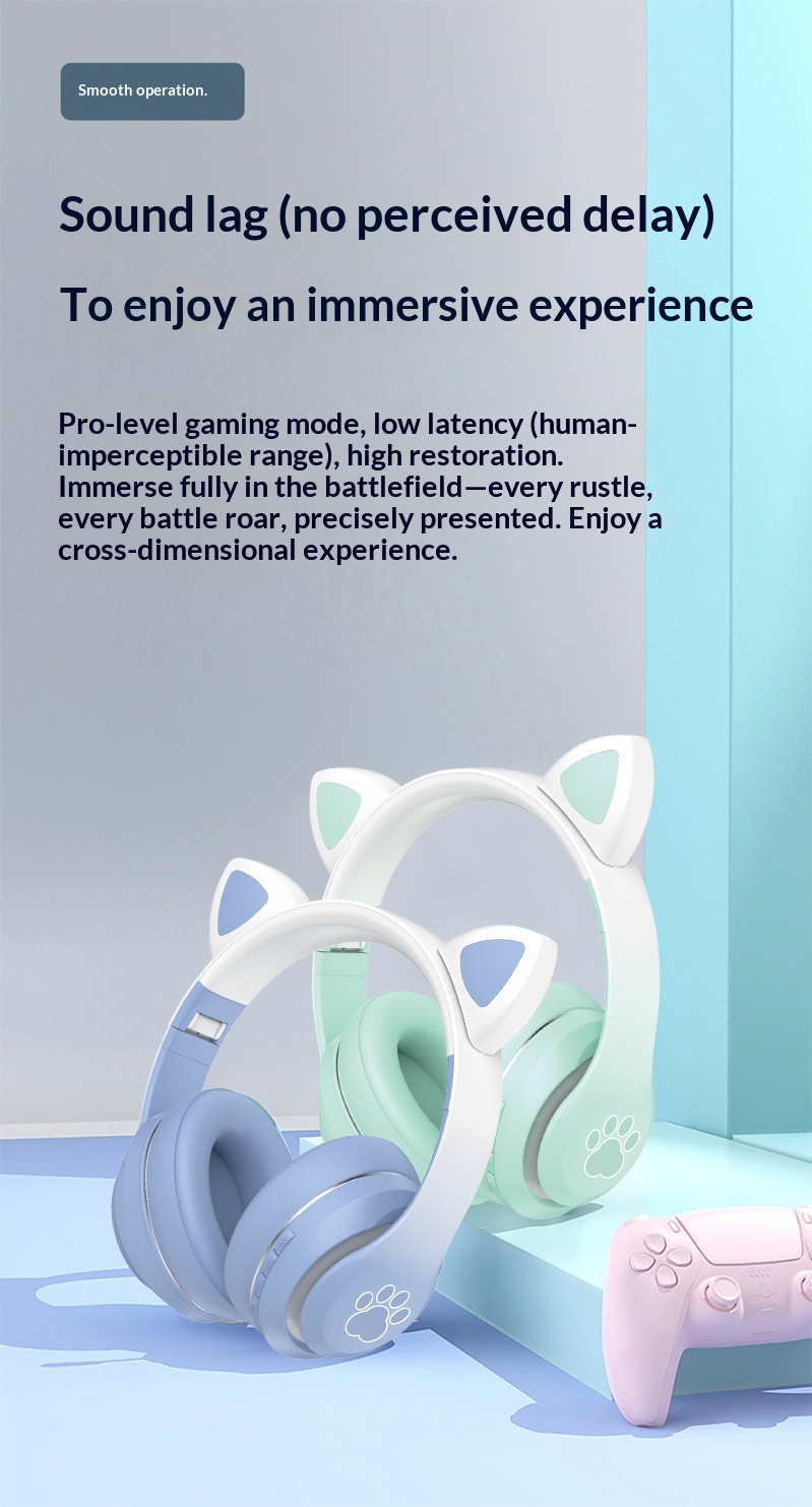 Draadloze bluetooth kattenoren koptelefoon met lichtgevend verloop_voghion.com